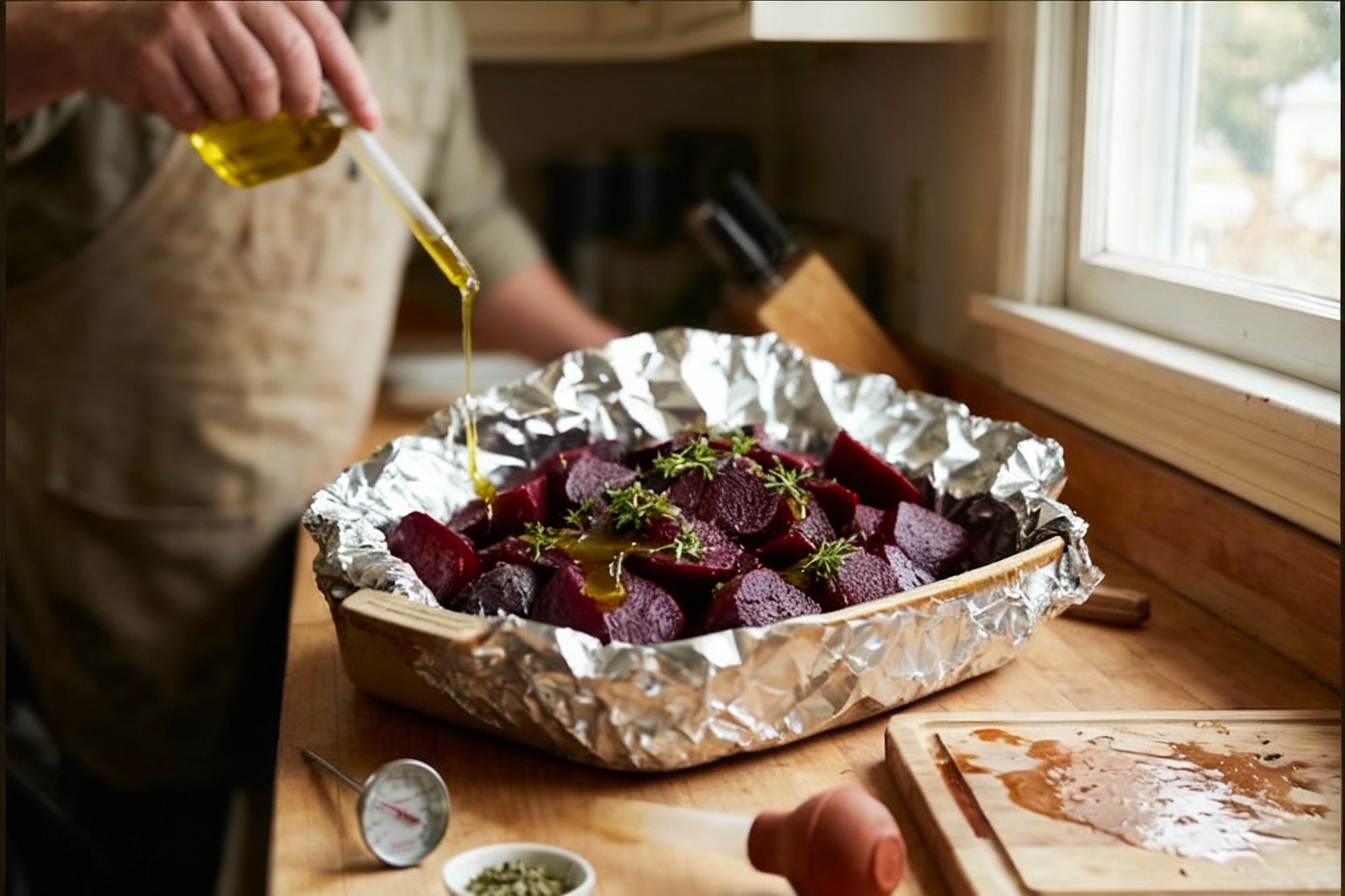 Action shot of a hand carefully sealing an aluminum foil packet containing a beet drizzled with olive oil and sprinkled with herbs. Warm oven light reflecting off the foil.